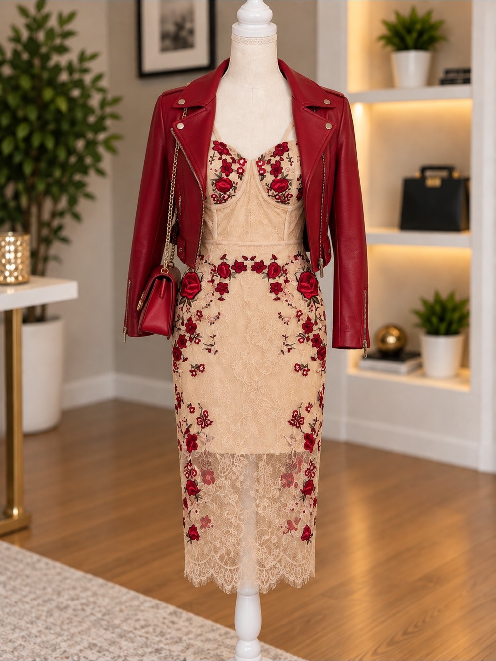 NEW BeBe light pink Beige and Red Embroidered lace Midi Dress